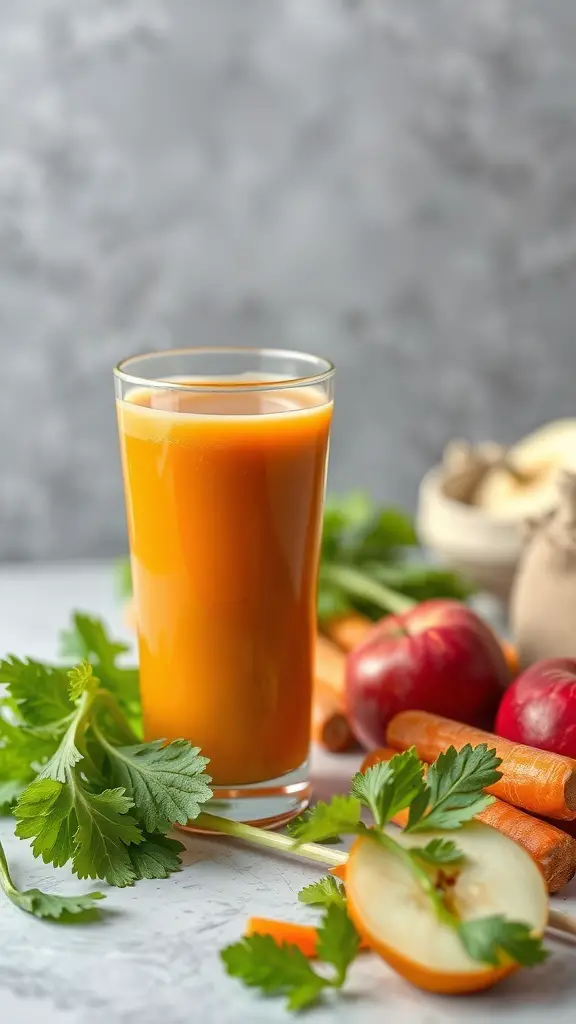 A glass of apple carrot celery juice with fresh ingredients around it.