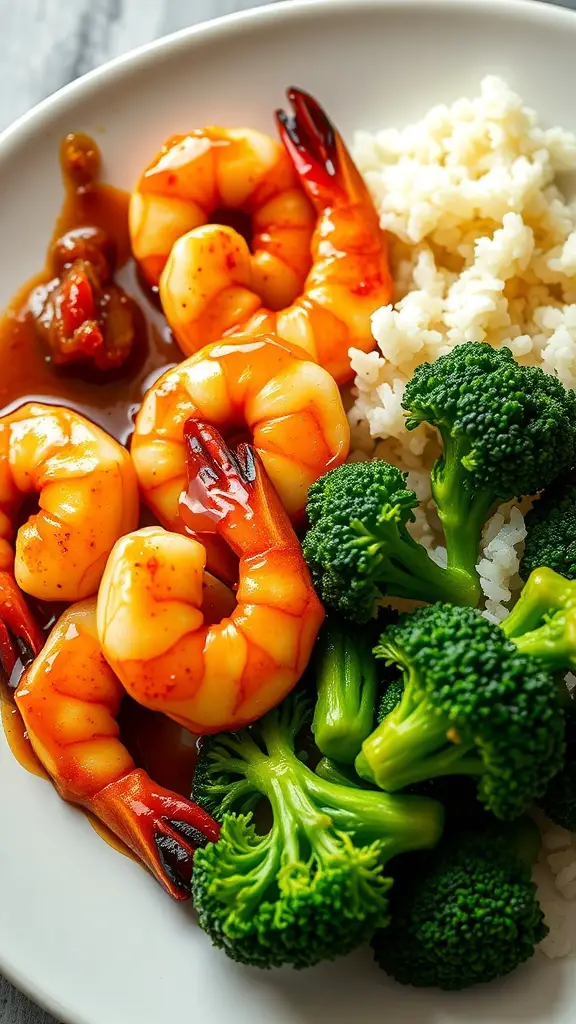 A plate of honey garlic shrimp with broccoli and rice.