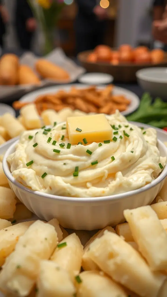 A bowl of creamy garlic mashed potatoes topped with butter and chives, surrounded by various side dishes.