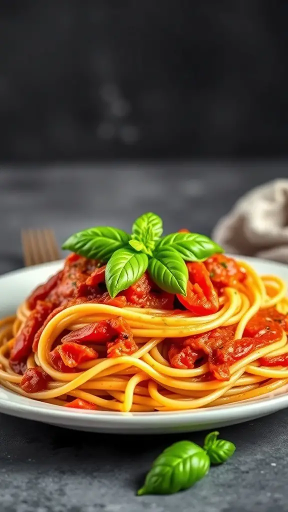 A plate of spaghetti topped with roasted red pepper sauce and fresh basil.