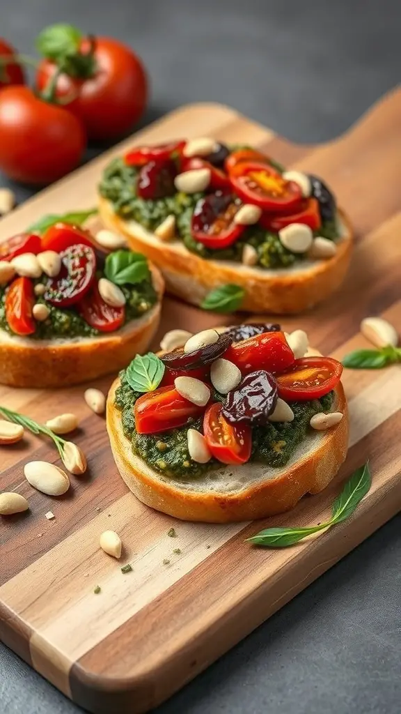 Pesto and sun-dried tomato bruschetta on a wooden board with fresh tomatoes in the background.