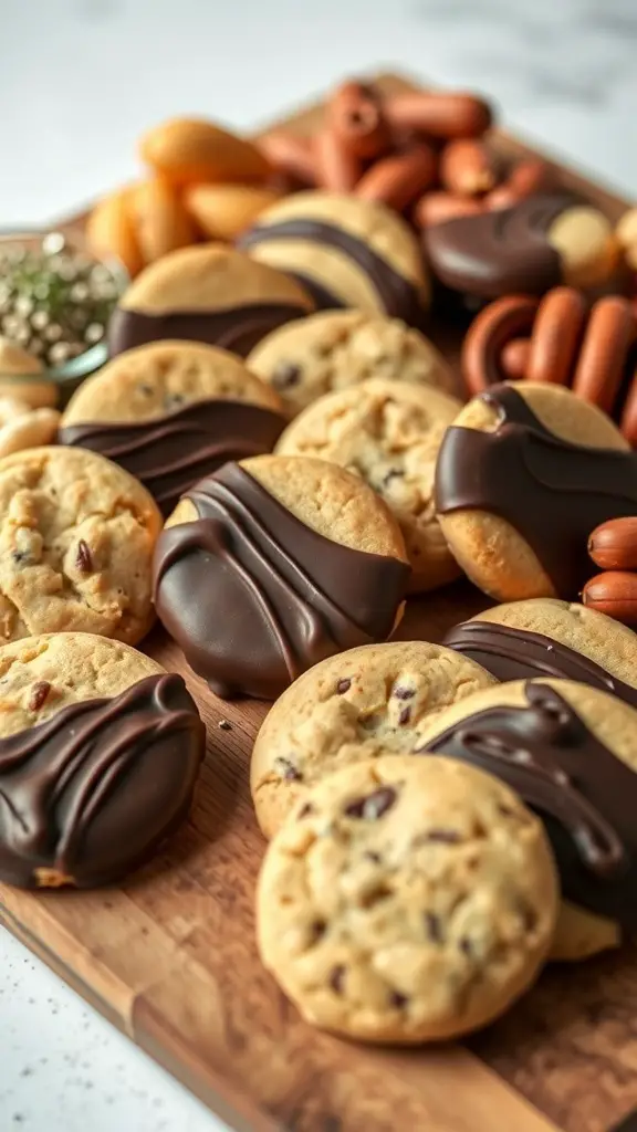 A close-up of chocolate-dipped cookies on a wooden board, surrounded by other treats.