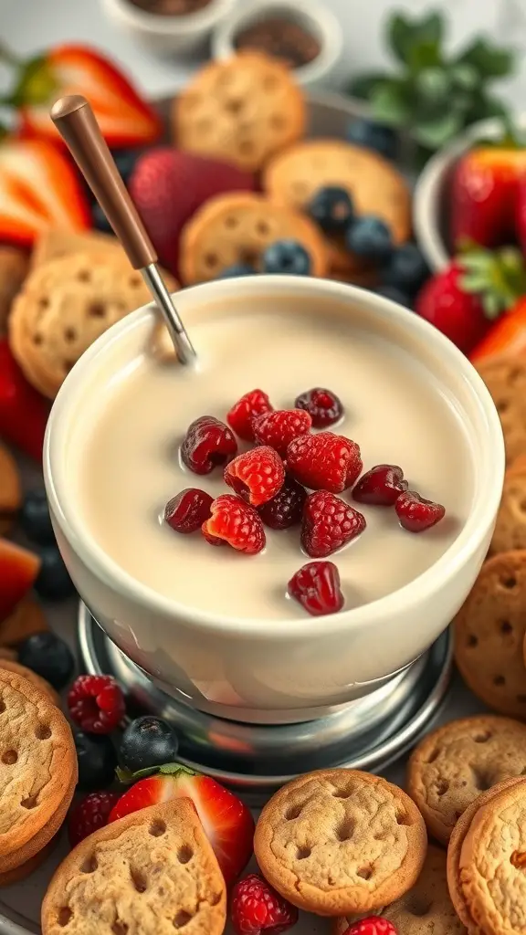 A bowl of vanilla bean white chocolate fondue topped with raspberries, surrounded by fresh fruits and cookies.