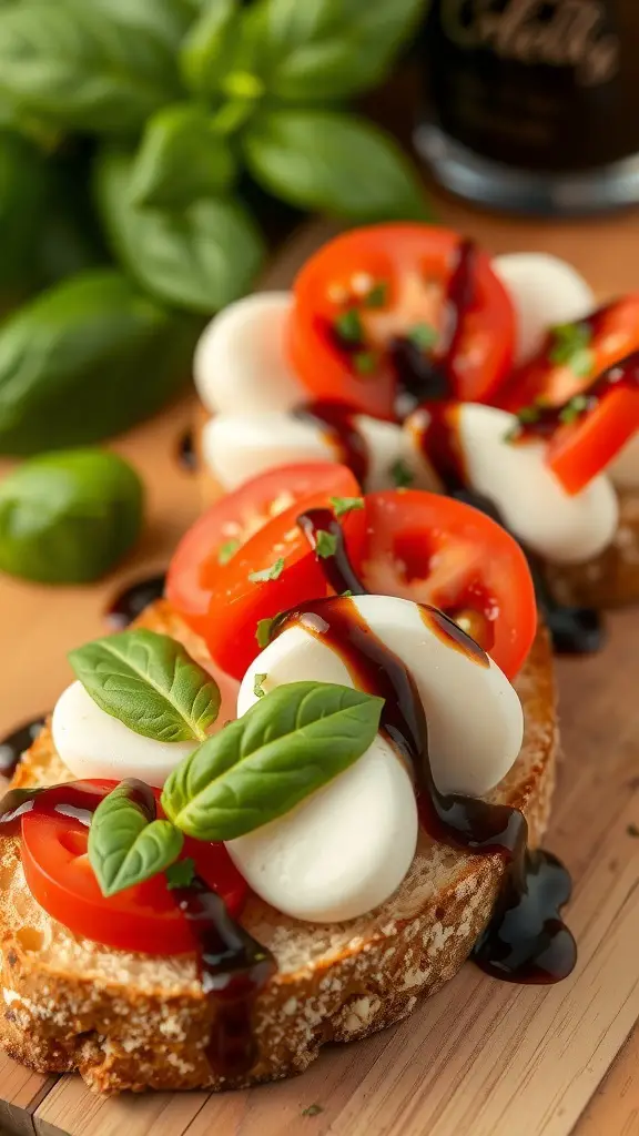 Caprese bruschetta topped with mozzarella, tomatoes, basil, and balsamic reduction on a wooden board.