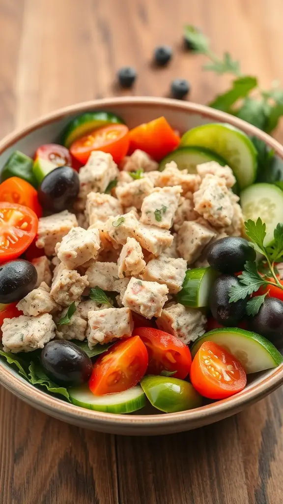 A bowl of Mediterranean Tuna Salad with tuna, cherry tomatoes, cucumbers, and olives.