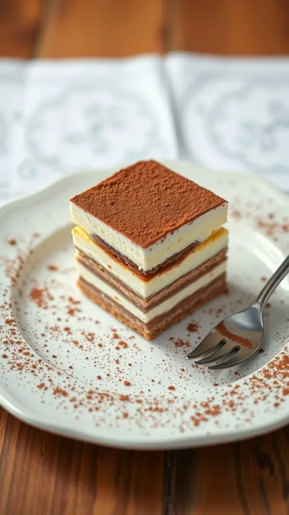 A slice of tiramisu on a plate, showcasing layers of coffee-soaked ladyfingers and creamy mascarpone, topped with cocoa powder.