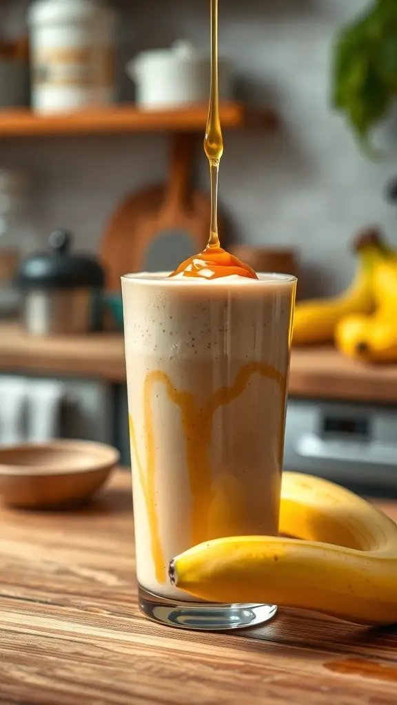 A creamy peanut butter banana shake with a drizzle of peanut butter on top, surrounded by fresh bananas.