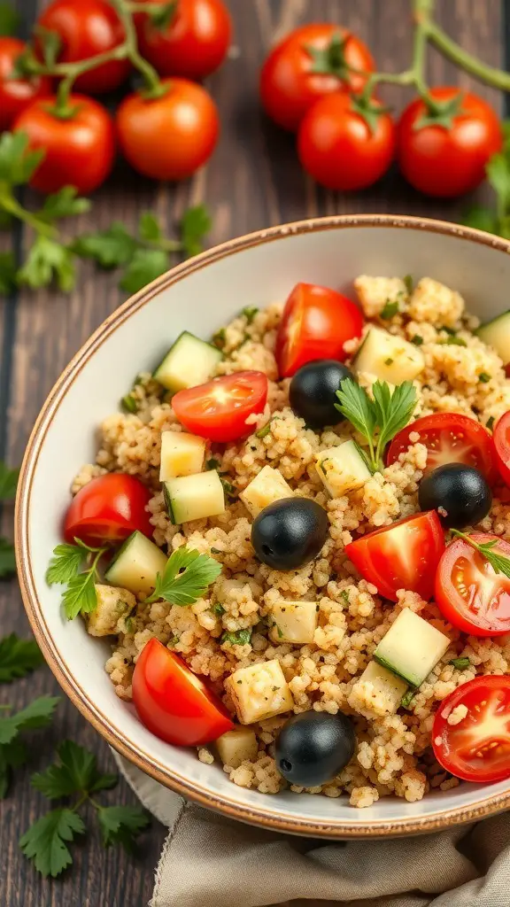A bowl of Mediterranean Quinoa Salad with cherry tomatoes, cucumbers, and olives.
