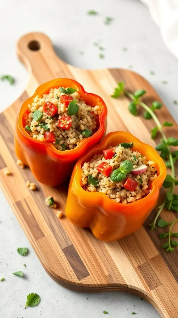 Two stuffed bell peppers filled with grains and vegetables on a wooden cutting board.