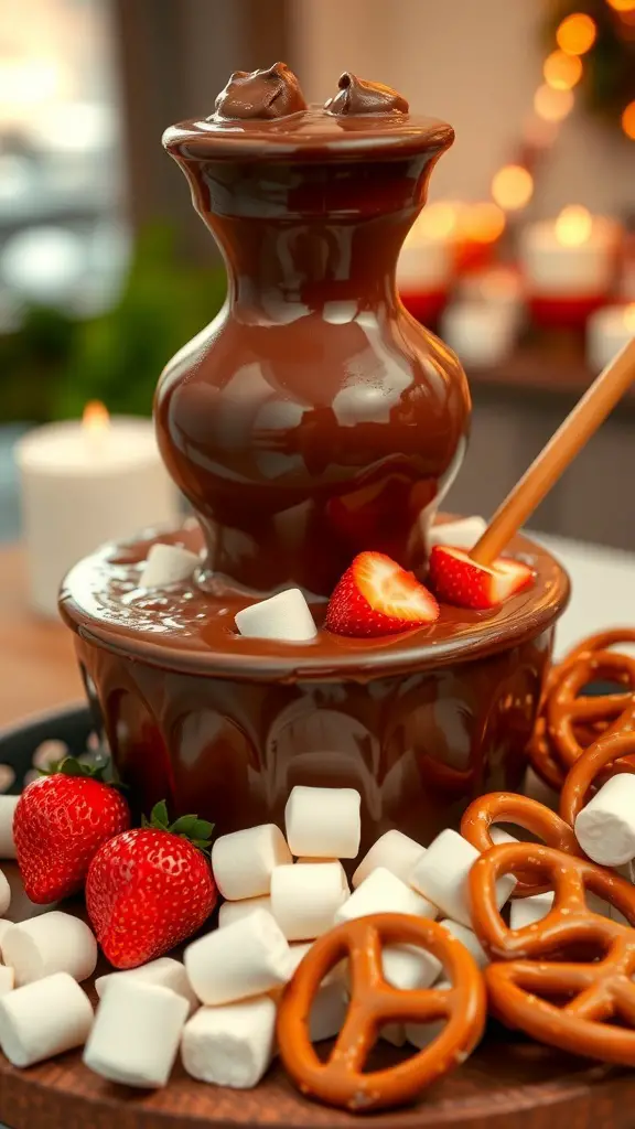 A chocolate fondue fountain surrounded by strawberries, marshmallows, and pretzels.