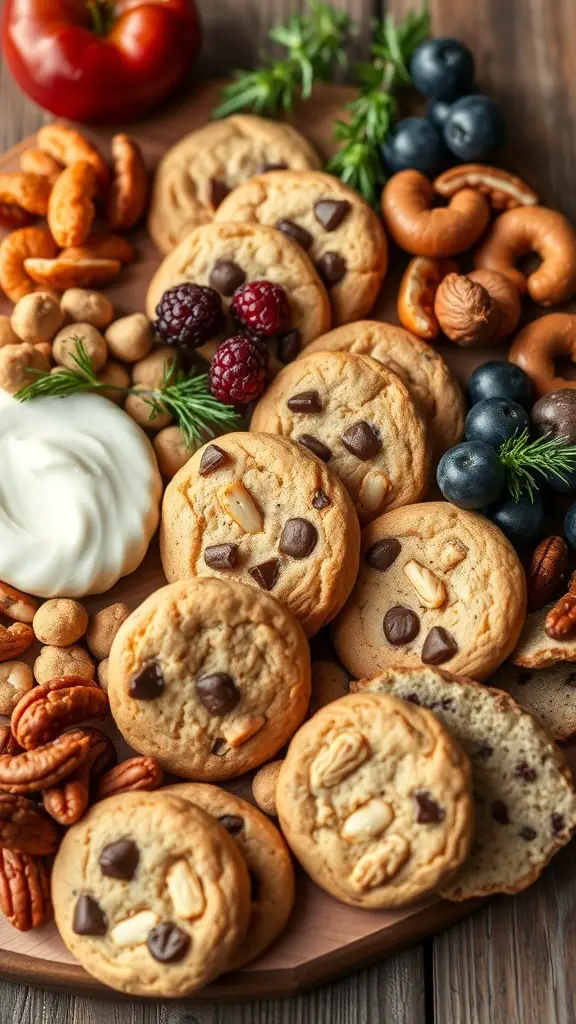 A cookie charcuterie board featuring various cookies, nuts, and fruits.