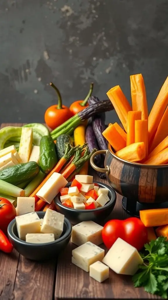 A colorful spread of fresh vegetables and cheeses for a fondue dinner party.