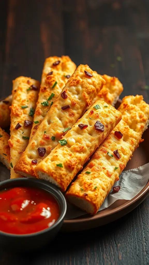 A plate of cheesy garlic breadsticks with marinara sauce.