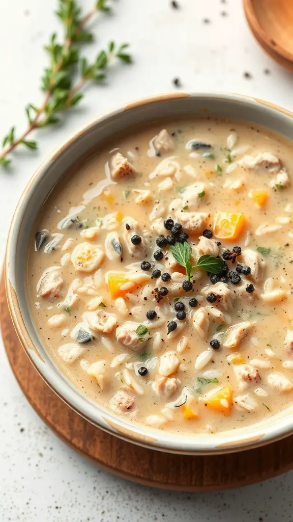 A bowl of creamy chicken and wild rice soup with herbs and spices.