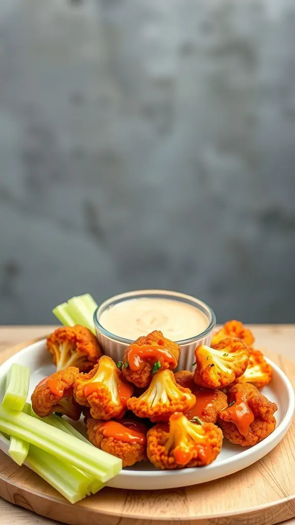 A plate of buffalo cauliflower bites with celery sticks and dipping sauce