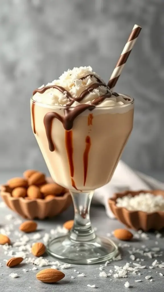 A creamy Almond Joy Mocktail topped with whipped cream and chocolate syrup, surrounded by almonds and coconut.