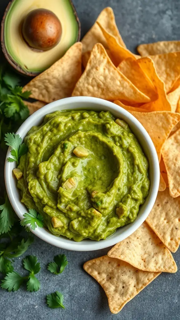 Bowl of homemade guacamole with tortilla chips and fresh cilantro