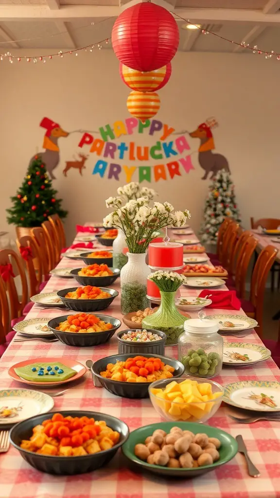 A festive potluck party setup with colorful decor, a cheerful banner, and a variety of food on a checkered tablecloth.