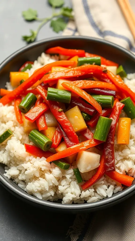 A bowl of vegetable stir-fry with rice, featuring colorful bell peppers and green onions.
