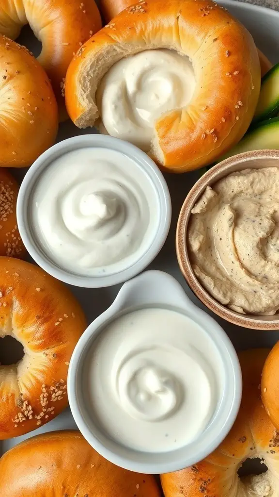 A variety of bagels with creamy dipping sauces
