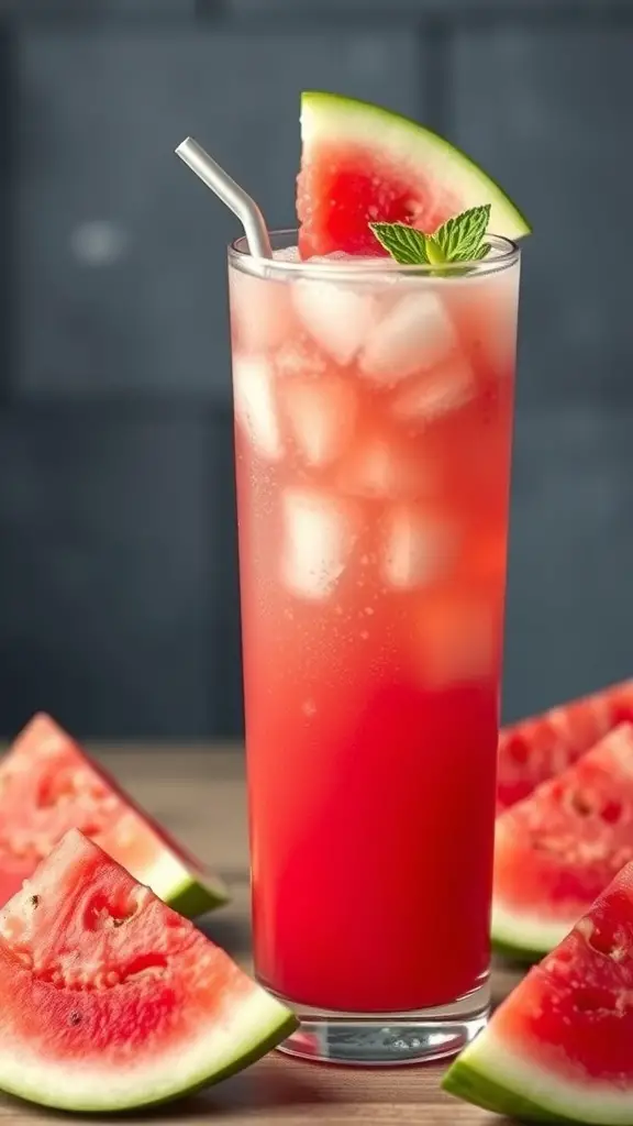 A tall glass of watermelon cooler with ice, garnished with a slice of watermelon and mint, surrounded by watermelon slices.