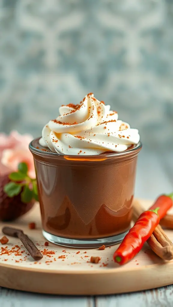 A glass of Mexican hot chocolate mousse topped with whipped cream and chili powder, with a red chili pepper and cinnamon sticks on a wooden platter.