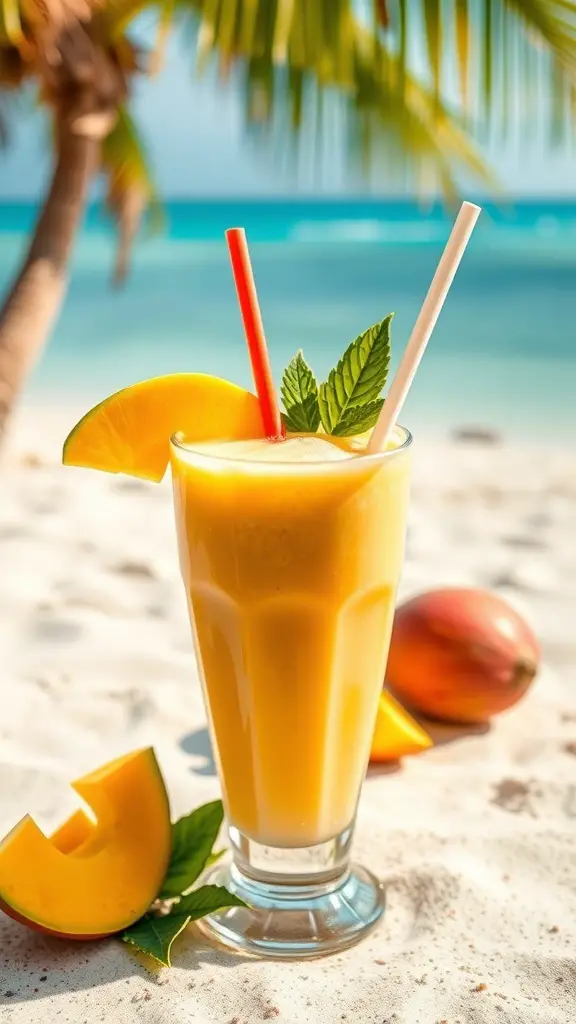 A refreshing mango coconut smoothie served in a tall glass on a sandy beach.