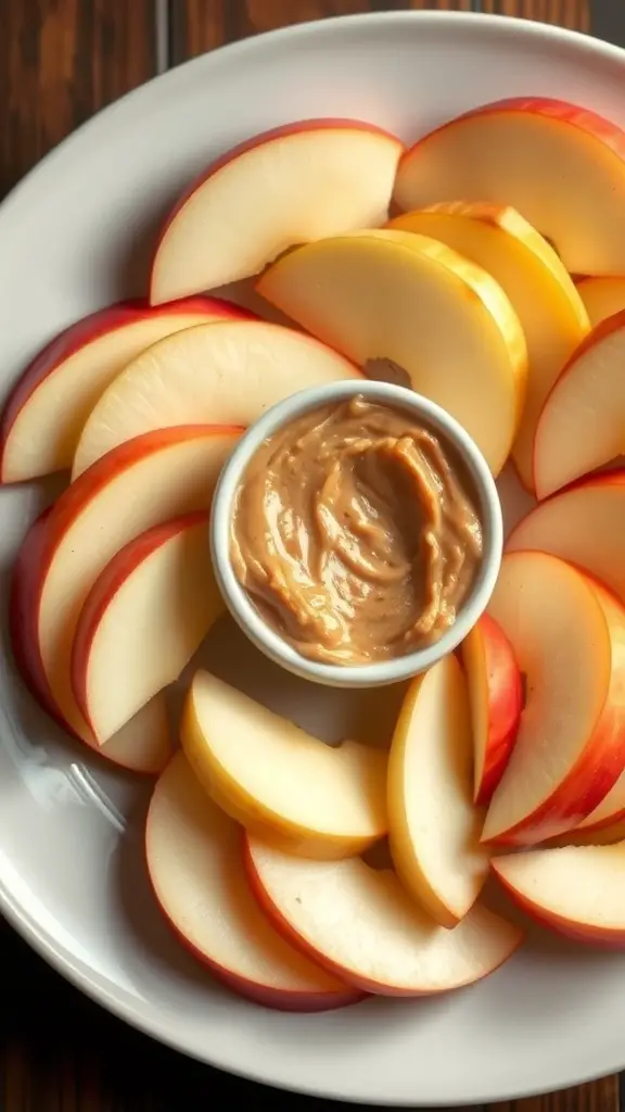 A plate of apple slices arranged in a circle around a small bowl of almond butter.