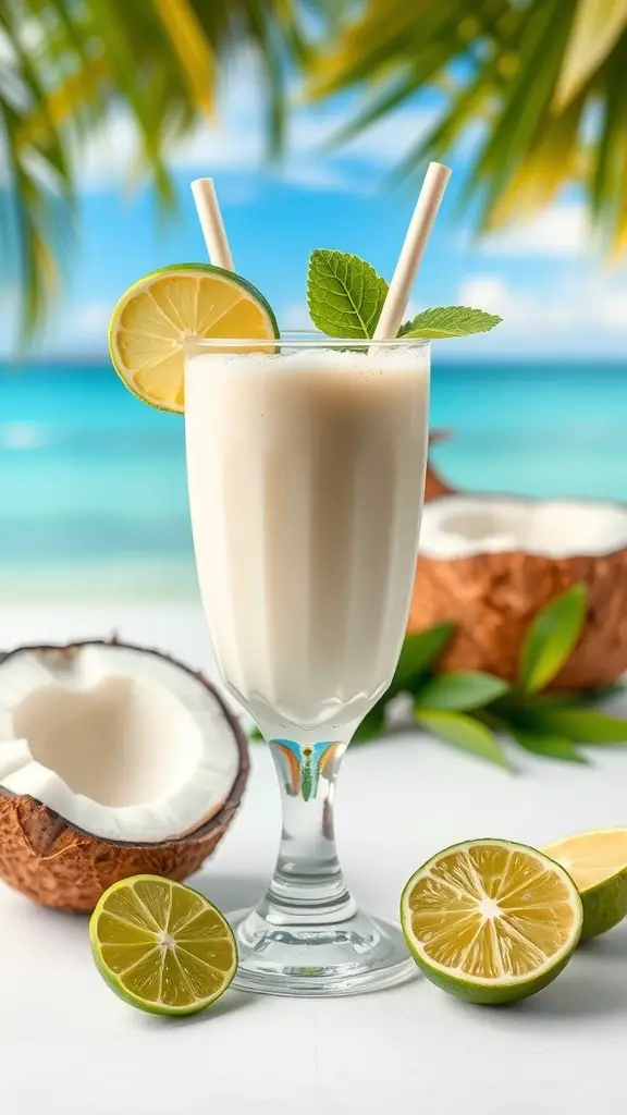 A refreshing coconut lime smoothie in a glass, garnished with lime and mint, with coconuts and a beach background.