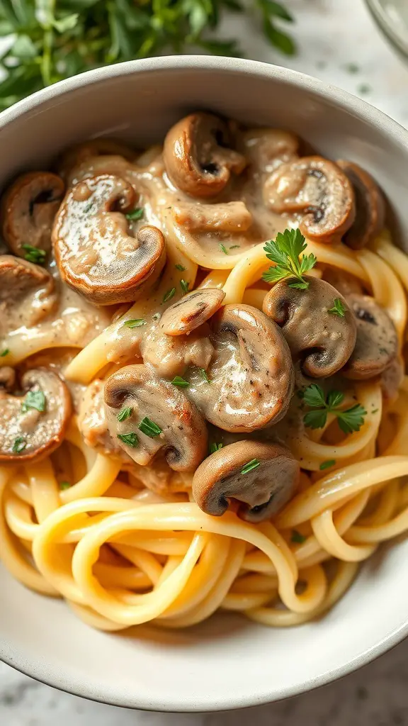 A bowl of Mushroom Stroganoff with egg noodles topped with mushrooms and herbs.