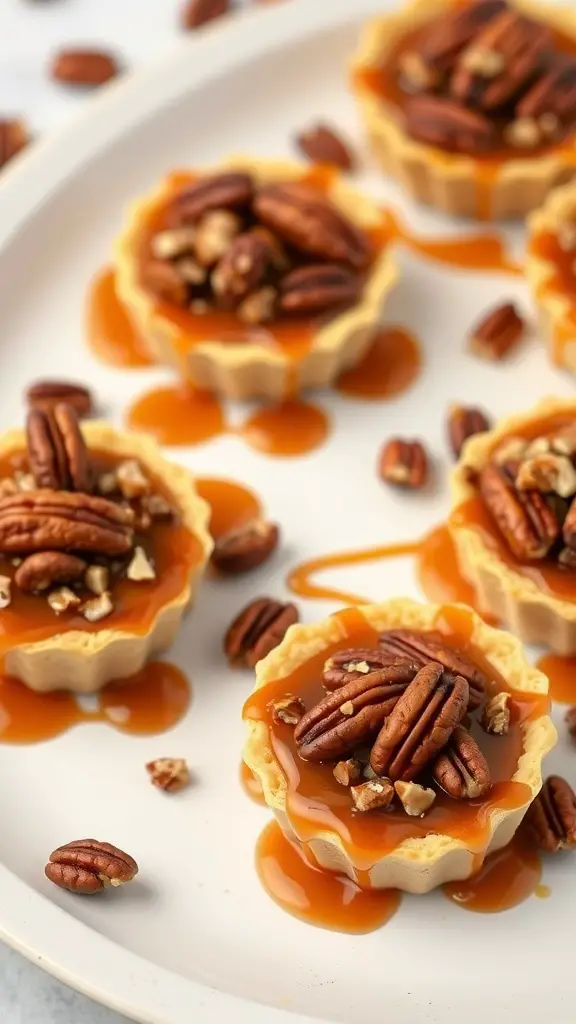 Mini tarts filled with caramel sauce and topped with pecans on a white plate
