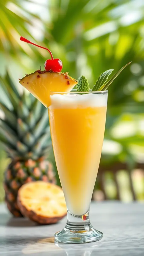 A refreshing Pineapple Coconut Mocktail garnished with a cherry and pineapple slice, set against a tropical background.