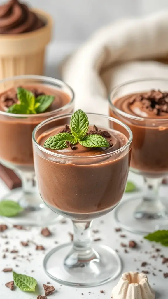 Three glasses of chocolate mint mousse topped with mint leaves and chocolate shavings