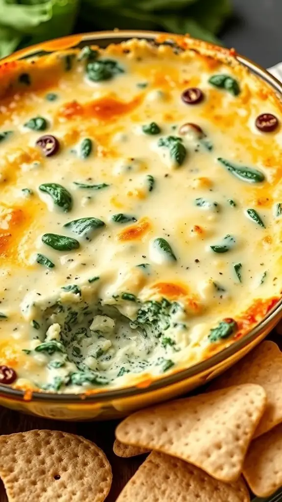 A creamy spinach and artichoke dip casserole with a golden top, served with crackers.