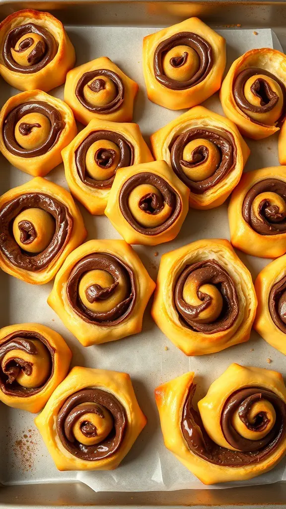 A tray of Nutella puff pastry pinwheels, golden and spiraled, showcasing rich chocolate hazelnut filling.
