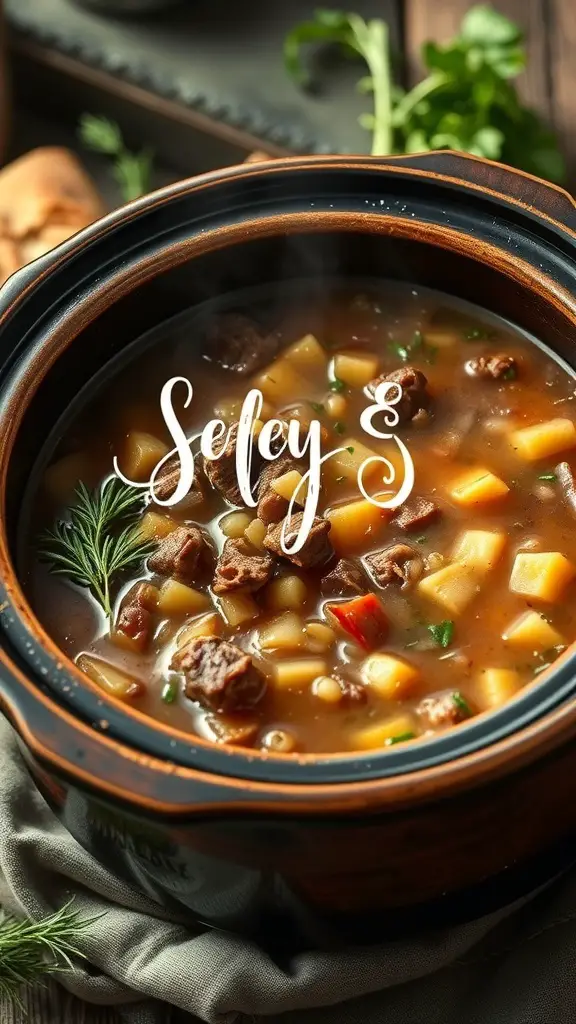 A warm bowl of beef and barley soup in a crockpot, filled with vegetables and beef chunks.