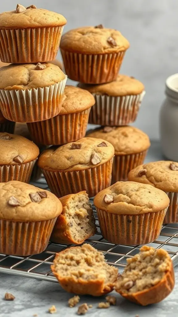 A stack of banana bread muffins on a cooling rack, some muffins are cut in half to show the soft texture inside.