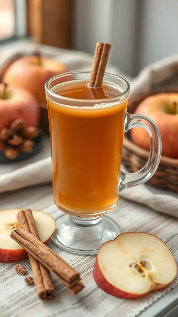 A glass of spicy apple cider with cinnamon sticks, surrounded by fresh apples and sliced apple pieces.
