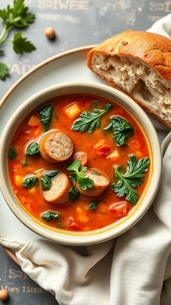 A bowl of spicy sausage and kale soup with a piece of crusty bread on the side.