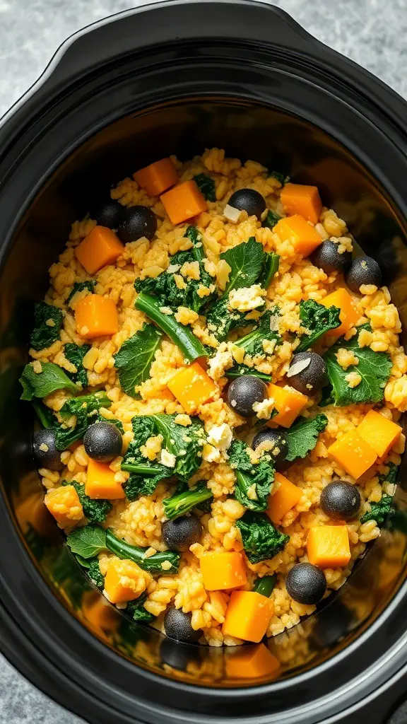 A colorful vegan butternut squash and kale risotto in a crockpot.