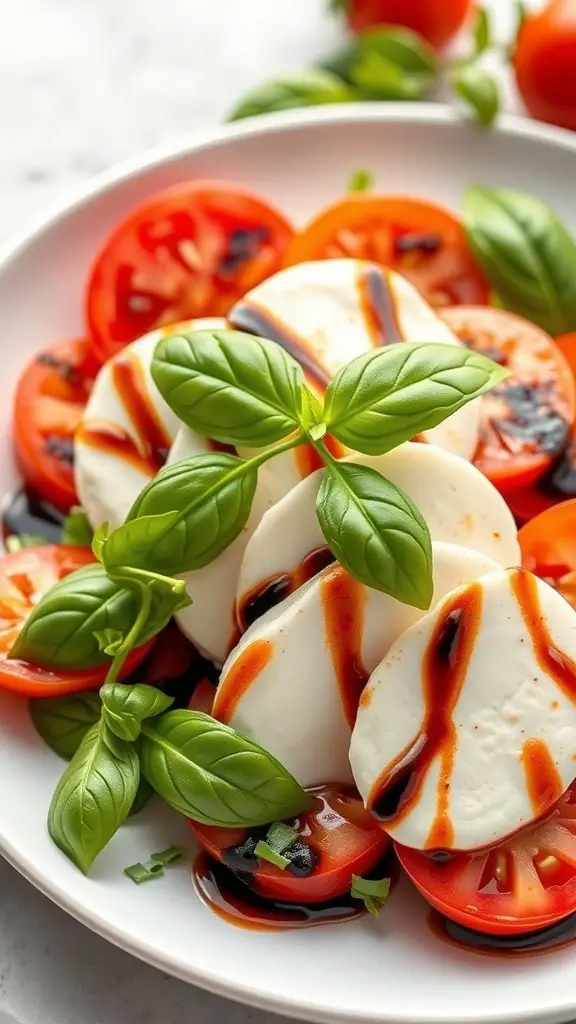 A plate of Caprese salad with sliced tomatoes, mozzarella cheese, and fresh basil leaves, drizzled with balsamic glaze.
