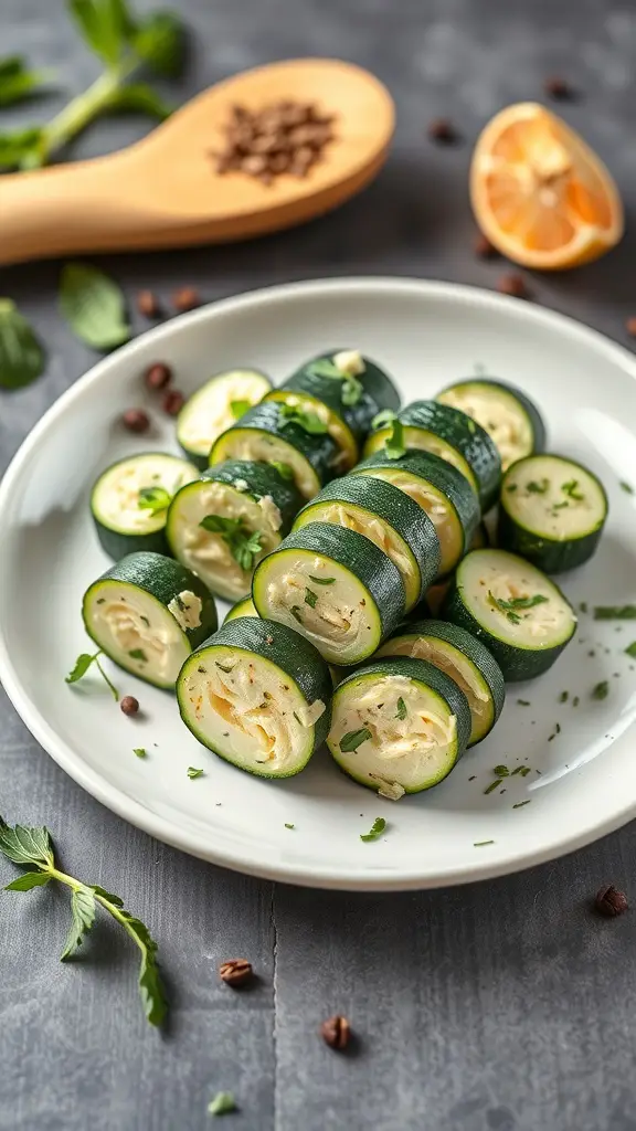 A plate of zucchini roll-ups filled with cashew cream, garnished with herbs.