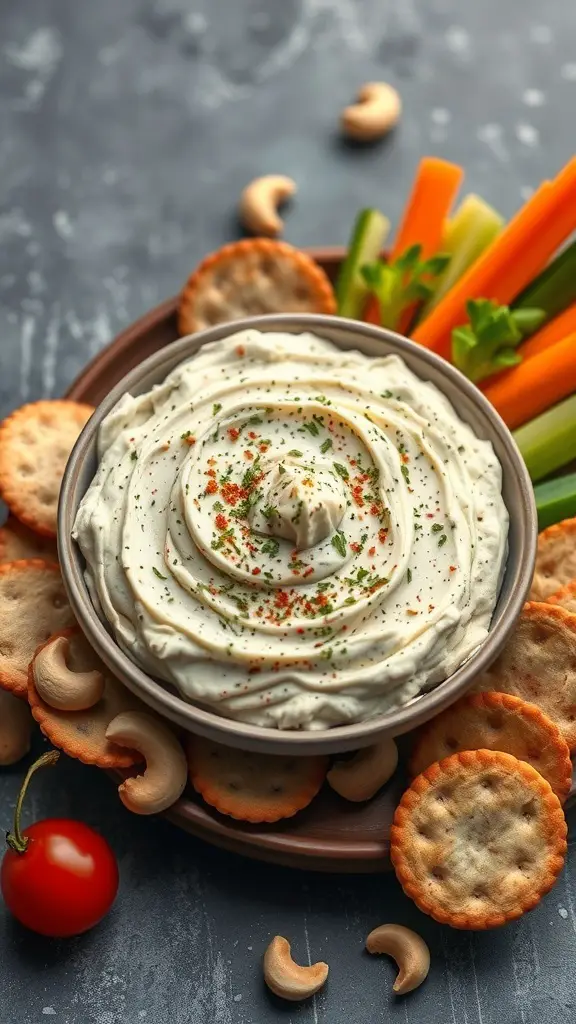 A bowl of creamy cashew cheese spread surrounded by crackers, fresh vegetables, and cashews.