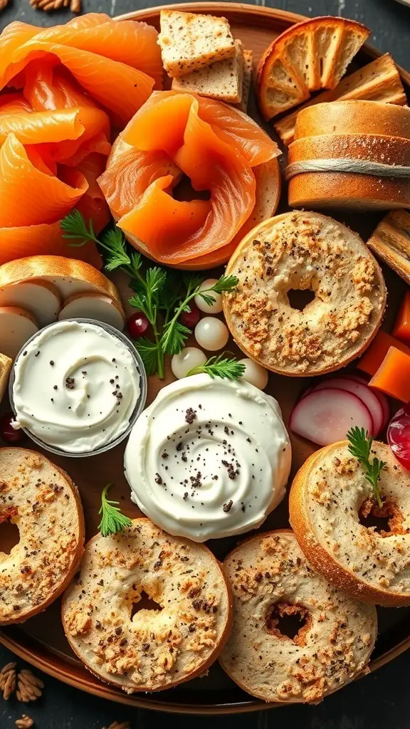 A colorful platter featuring smoked salmon, bagels, cream cheese, and fresh vegetables.