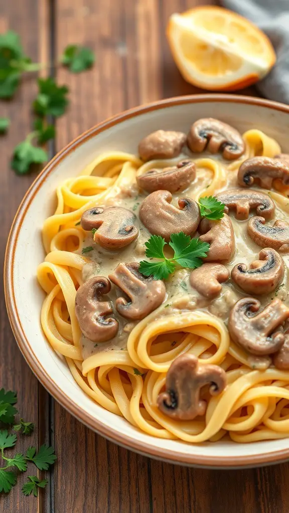 A bowl of creamy vegan mushroom stroganoff bake with pasta and mushrooms, garnished with fresh herbs.