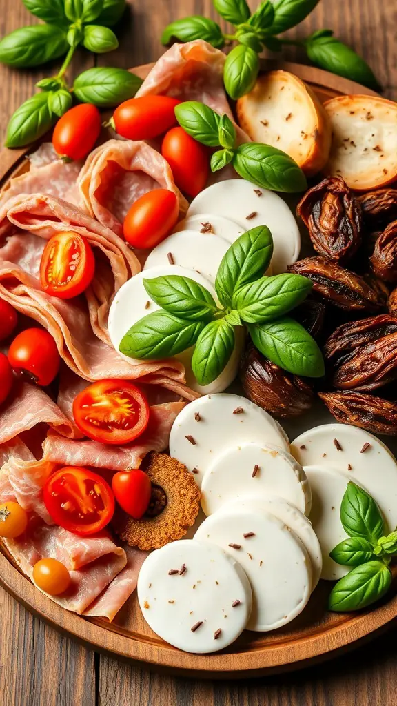 A wooden platter with prosciutto, cherry tomatoes, mozzarella, sun-dried tomatoes, and fresh basil.
