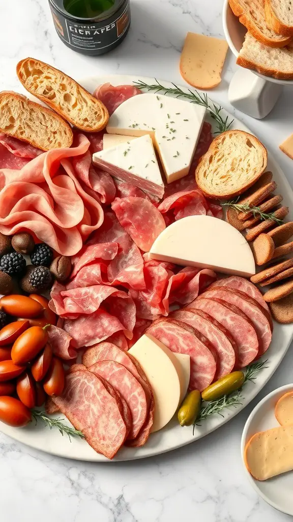 A classic French charcuterie board with cured meats, cheeses, cherry tomatoes, olives, and bread.