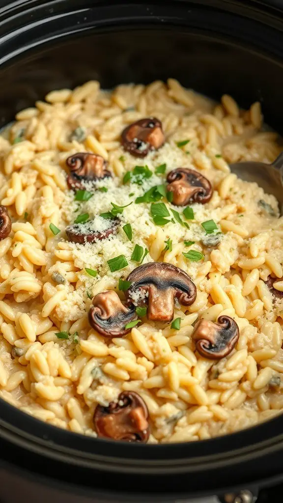 Crockpot mushroom risotto with orzo, topped with mushrooms and herbs