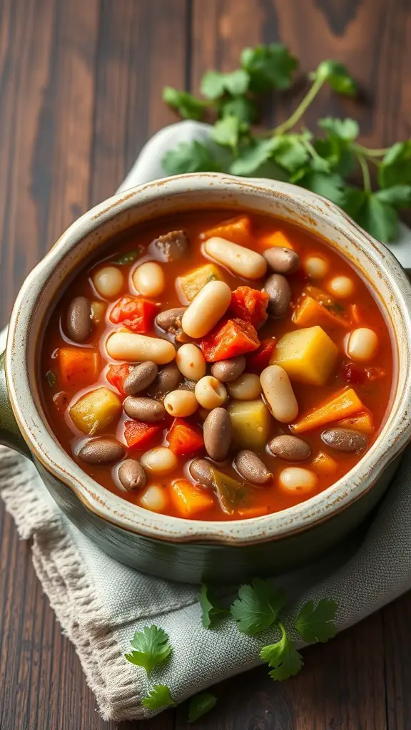 A bowl of minestrone soup with beans and fresh herbs