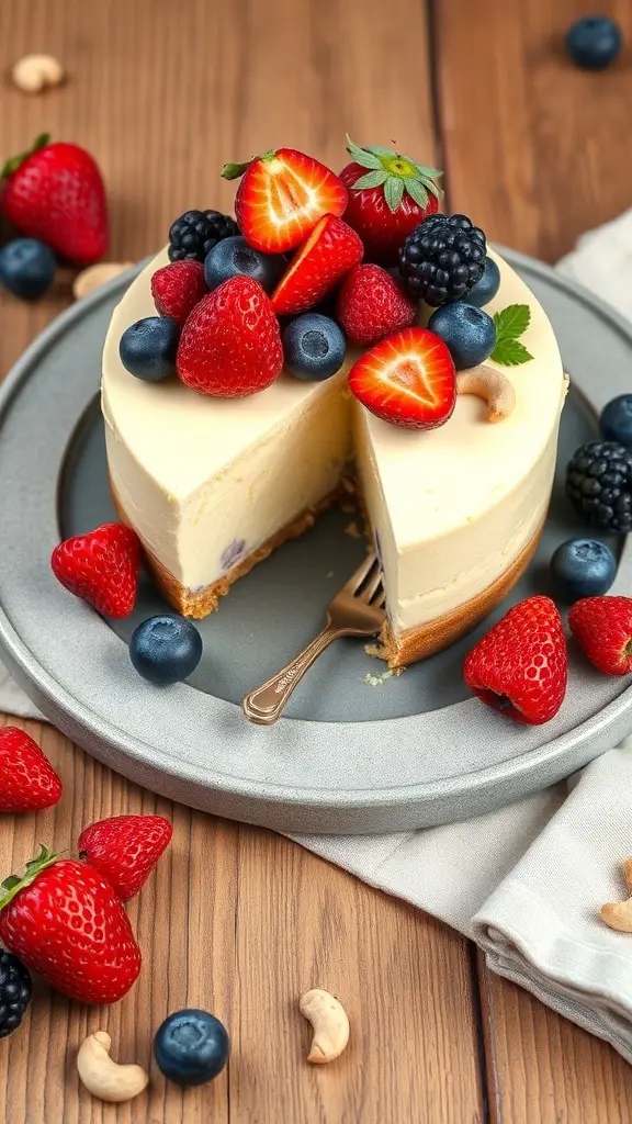 A classic cashew cheesecake topped with fresh strawberries, blueberries, and blackberries on a gray plate.